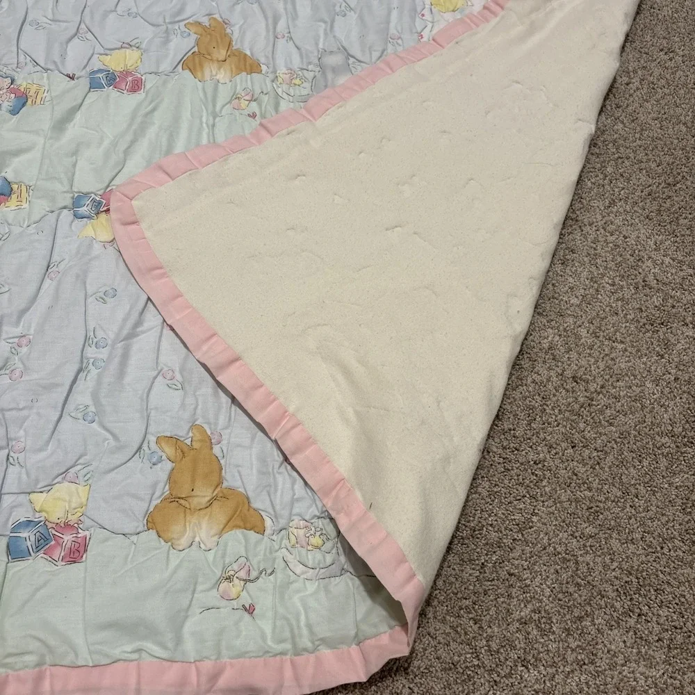 Vtg Daisy Kingdom Baby‎ Crib Blanket Quilt Bear Duck Cat Pastel Book 49x44